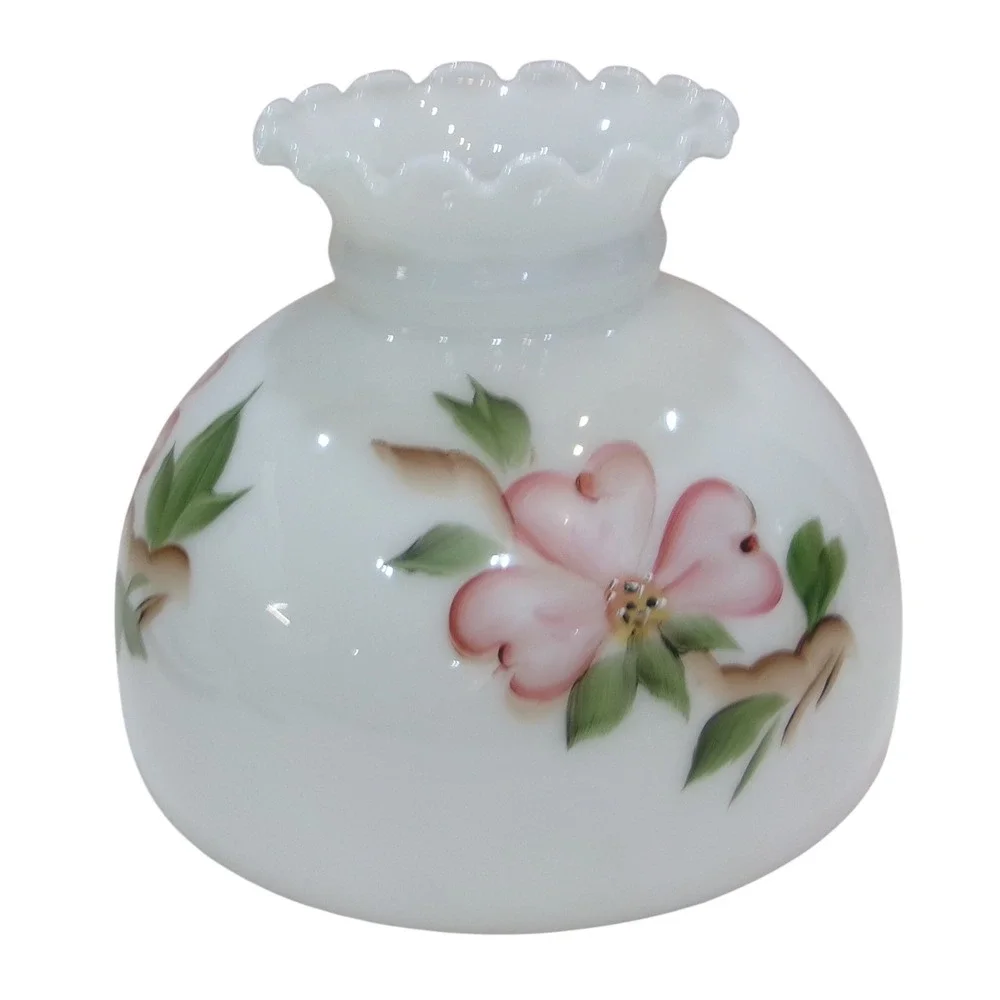 Vintage Milk Glass Ruffled Dogwood Hand Painted Hurricane Lamp Shade